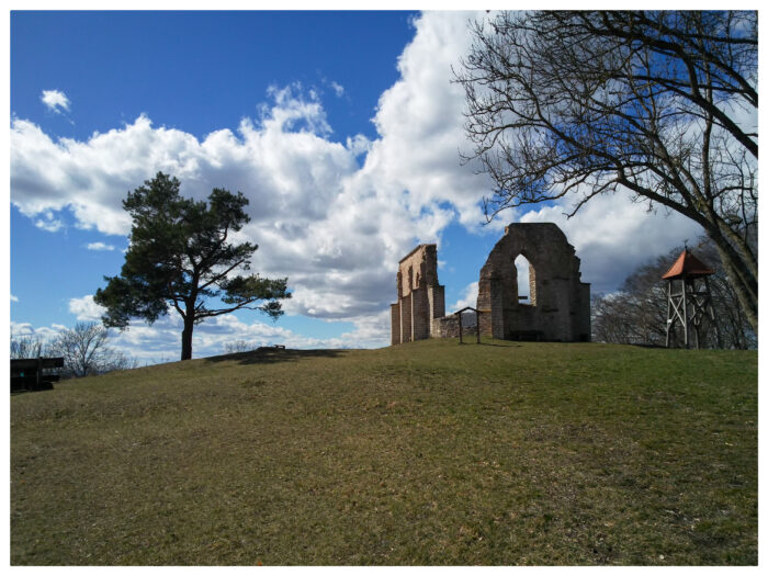 Kirchenruine St. Katharinen-Kapelle auf einem Hügel unter blauem Wolkenhimmel, daneben eine große Kiefer und ein kleiner hölzerner Glockenturm