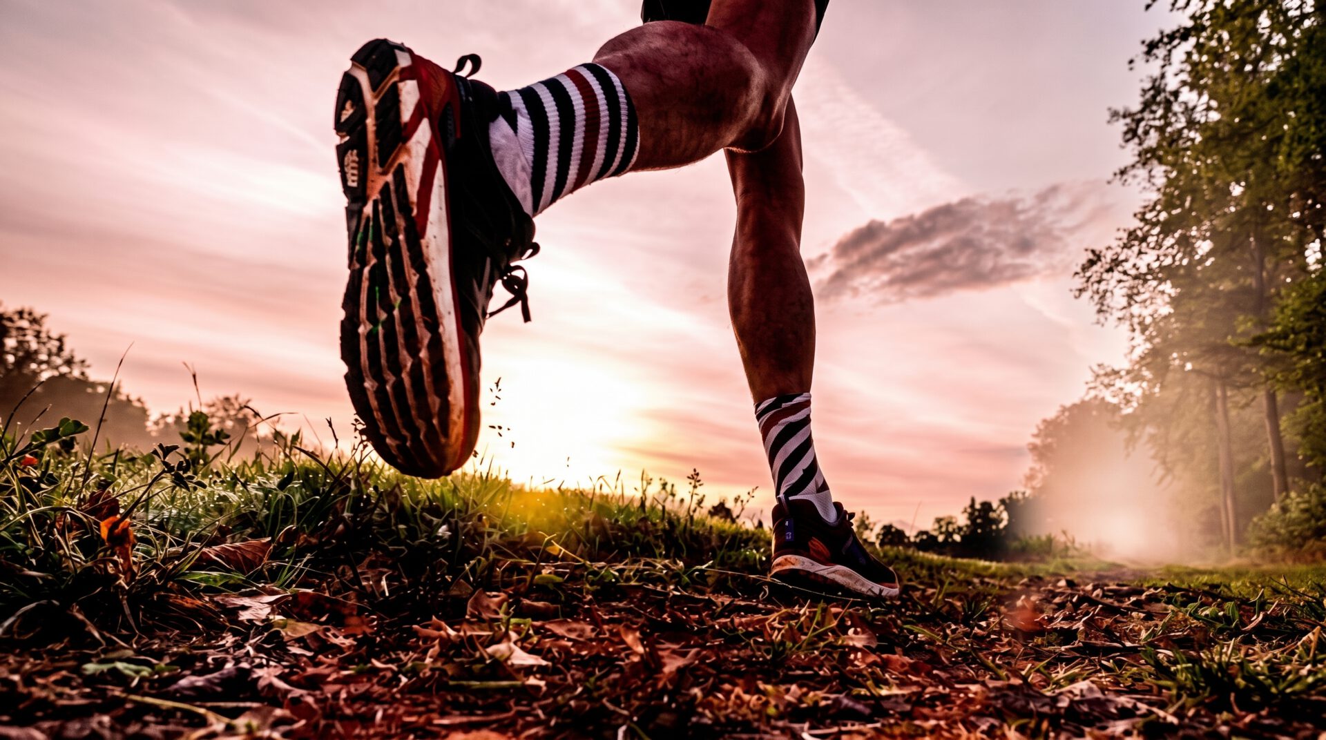 Eine Froschperspektive auf einen unbefestigten Naturweg bei Sonnenaufgang, bei der die Beine eines Läufers mit gestreiften Socken und profilierten Trailrunningschuhen dynamisch im Schritt zu sehen sind. Der unberührte Pfad führt durch lichten Wald und Wiese, getaucht in warmes Morgenlicht, ohne weitere Personen im Hintergrund.