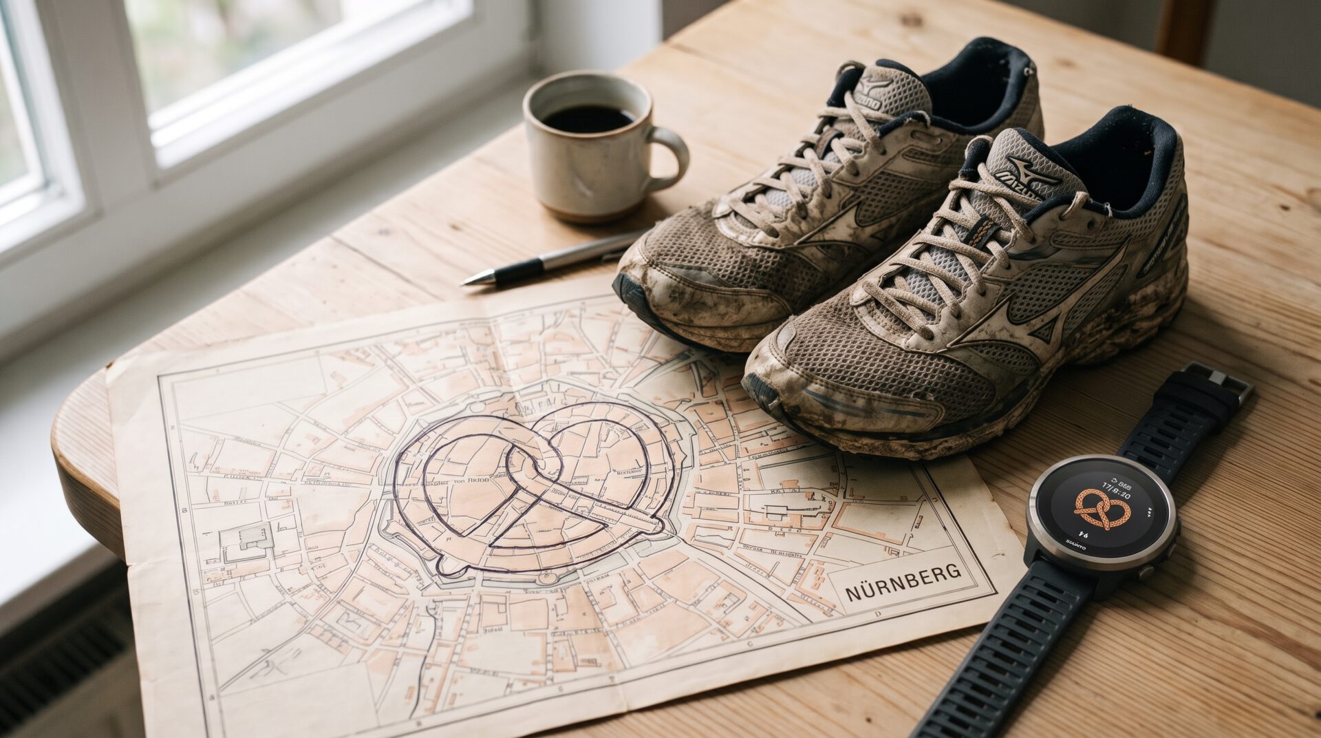 Stadtplan von Nürnberg mit eingezeichneter Route in Brezelform, dreckige Laufschuhe und eine Sportuhr auf einem Holztisch