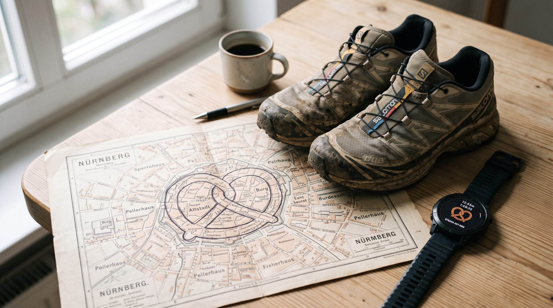 Schmutzige Trailrunningschuhe und eine Smartwatch neben einer Nürnberg-Karte mit eingezeichneter brezelförmigen Laufroute
