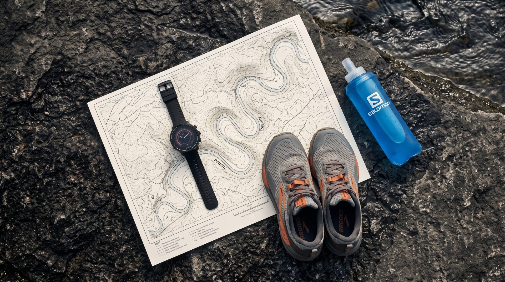 Wanderausrüstung auf Felsen: Topografische Karte, schwarze Sportuhr, graue Traillaufschuhe und blaue Trinkflasche