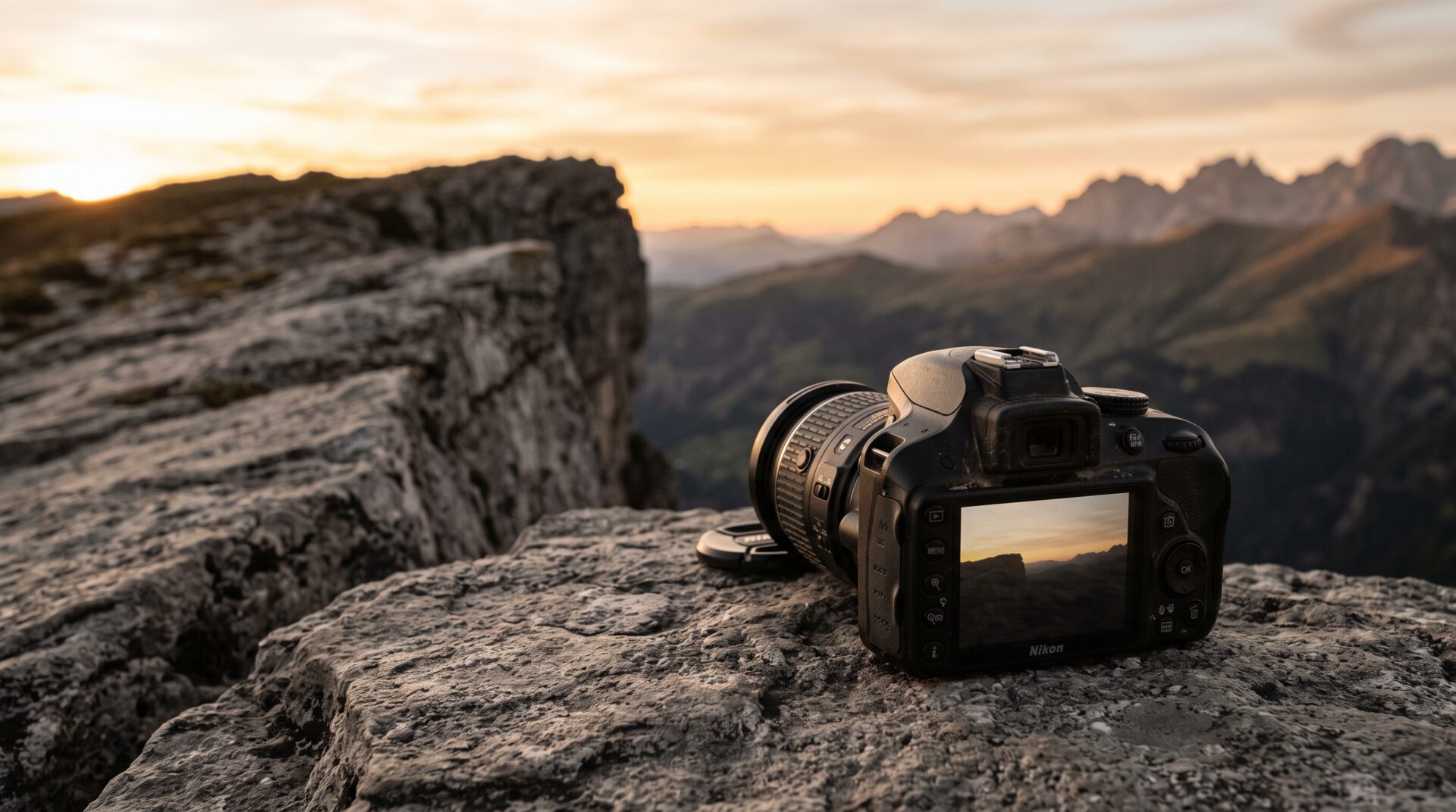 Perspektive von hinten auf eine schwarze Nikon D3300 DSLR-Kamera, die direkt auf einem Felsen am Rand einer steilen Klippe liegt. Der Blick hinter der Kamera richtet sich über eine weite Gebirgslandschaft mit sanften Hügeln und Tälern im warmen, goldenen Abendlicht des Sonnenuntergangs.