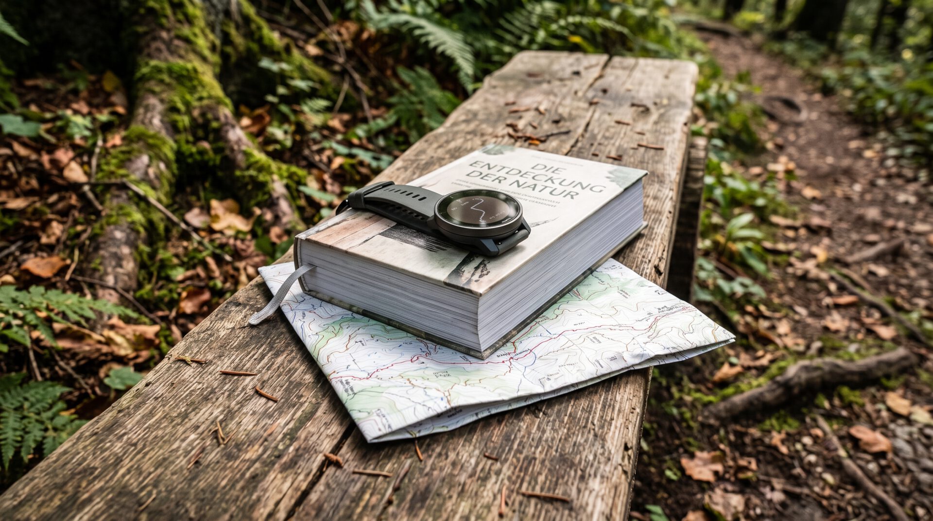 Outdoor-Smartwatch liegt auf dem Buch Die Entdeckung der Natur und einer Wanderkarte auf einer Holzbank im Wald